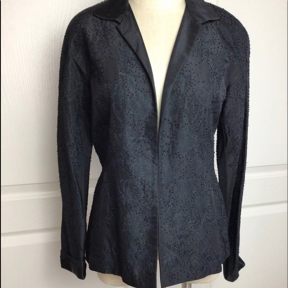 Ellen Tracy Silk Blend Floral Embroidered & Beaded Open Front Black Jack…